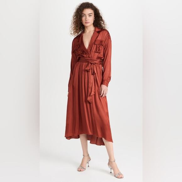 MISA Blair Dress Burnt Orange Satin Midi Long Sleeve Open Back Belted XS NWT - Picture 13 of 14